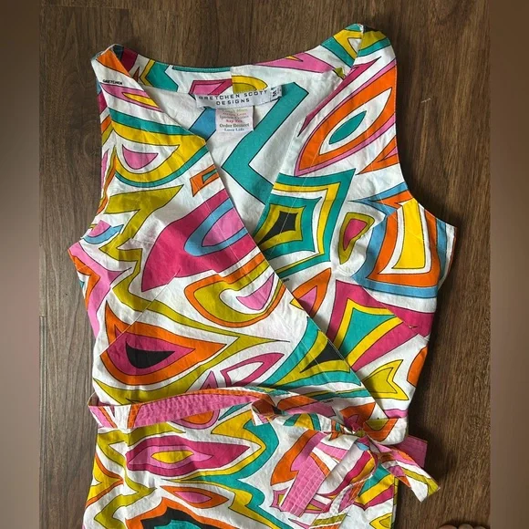 GRETCHEN SCOTT DESIGNS Cotton Sleeveless Wrap Dress Multicolor Geo Abstract | M - Picture 4 of 14
